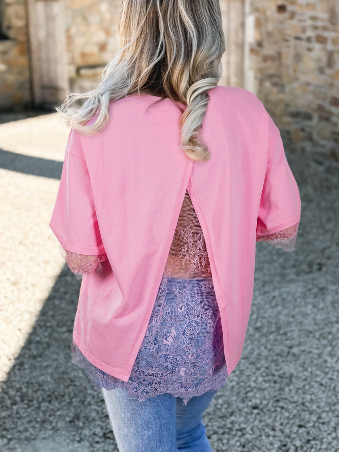 Floral Lace Patchwork Half Sleeve Oversize Tee