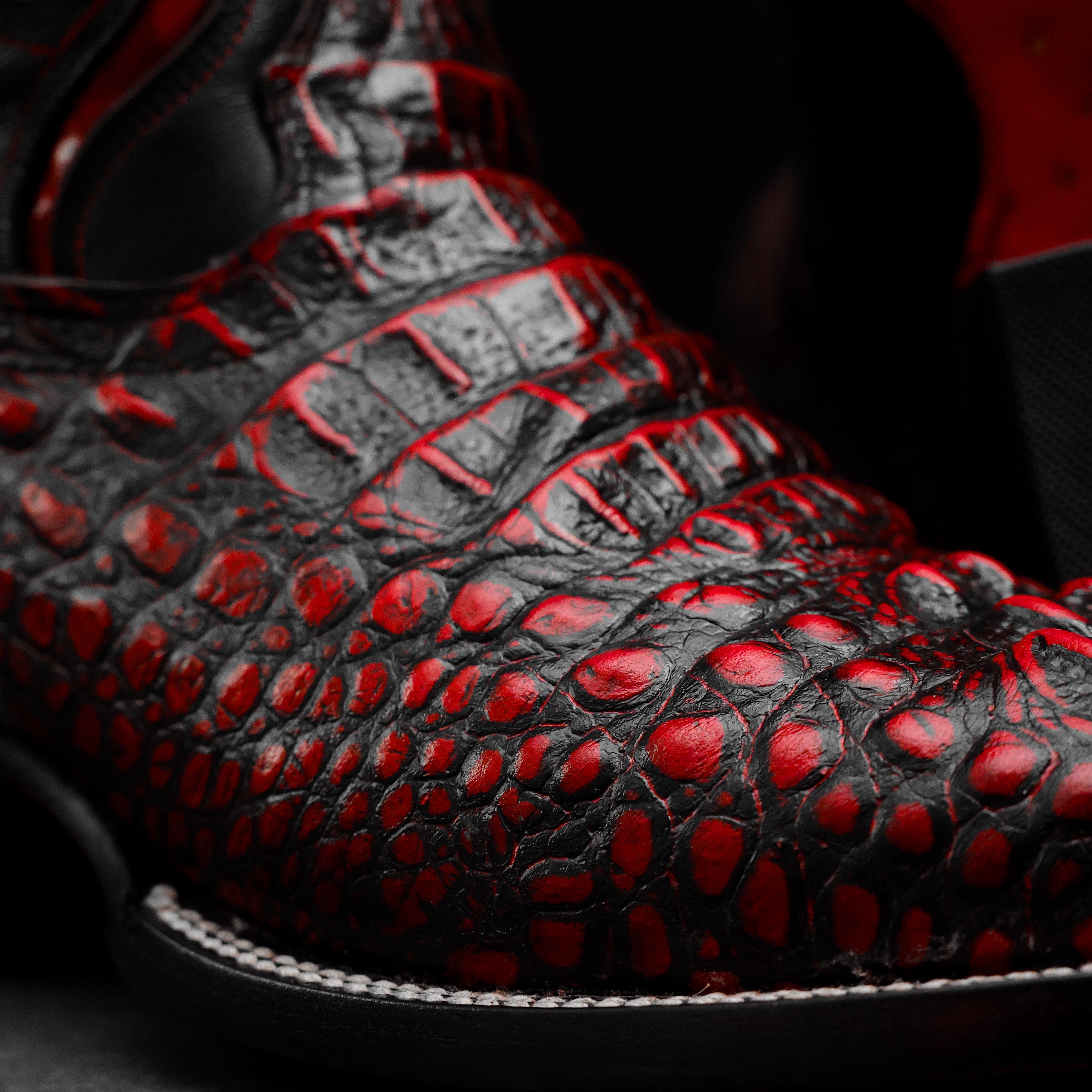 Black/Red Caiman Neck Leather Boots - Square Toe