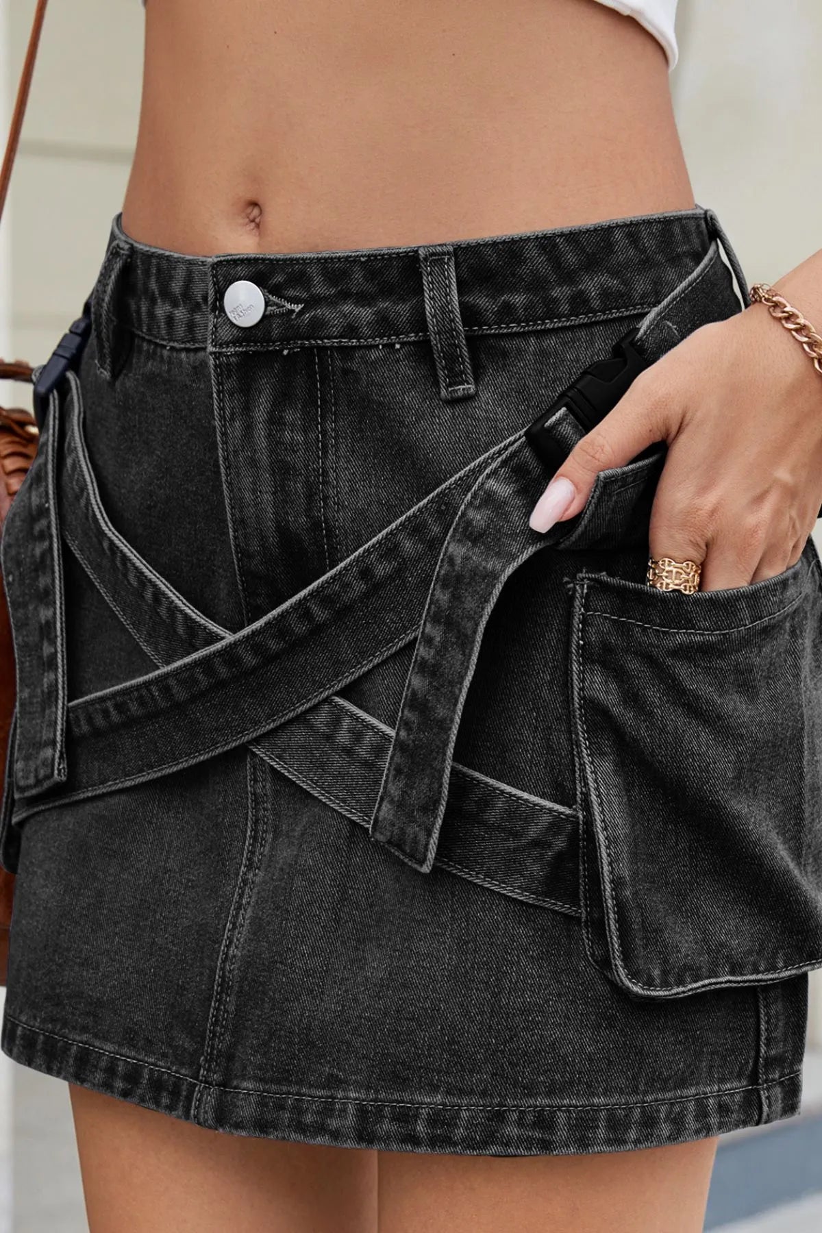 Criss-Cross Waist Detail Denim Mini Skirt