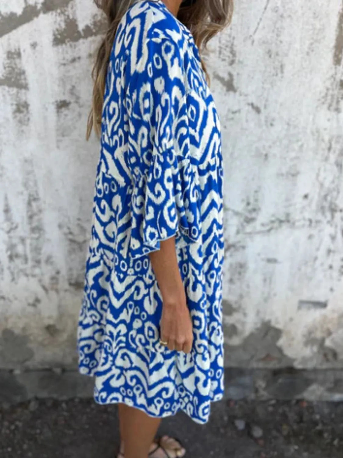 Plus Size Ethnic Print Notched Half Sleeve Midi Dress