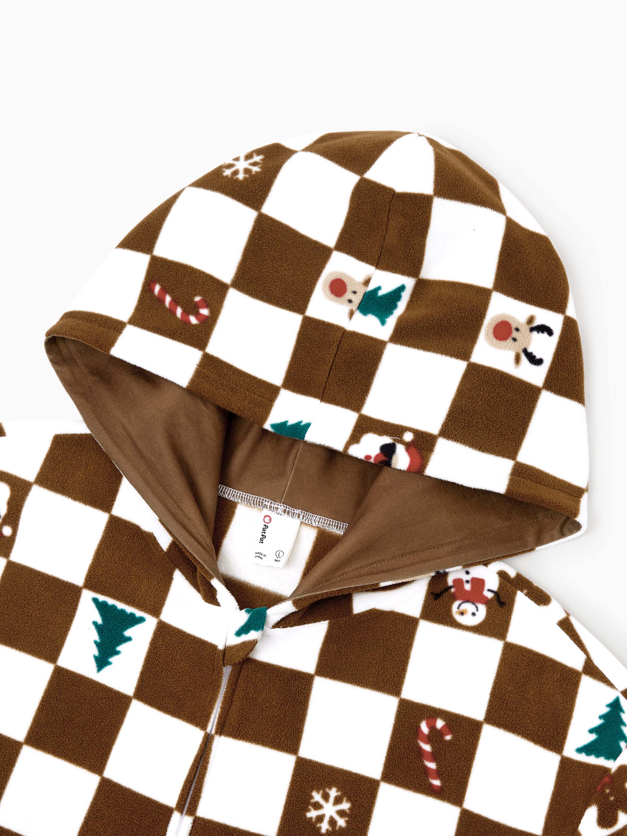 Christmas Onesies Matching Family Fleece Hoodie Pajamas Set Gingerbread Christmas-theme Plaid Print PJS with Christmas Socks Color block