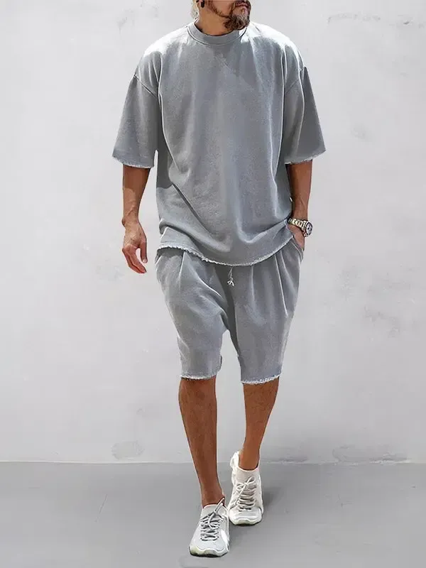 Casual Loose Fit Solid Sports Sets Sweat Suit Textured Sweatsuit