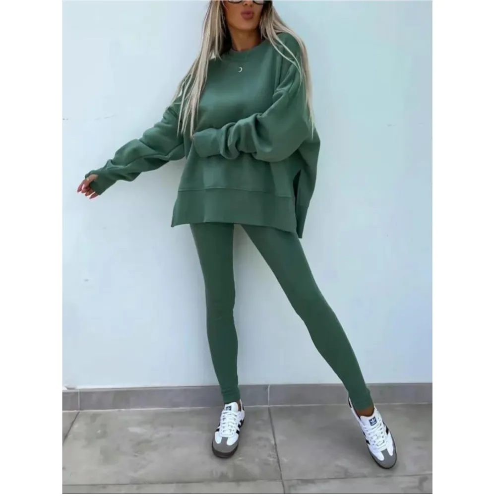 Women's Solid Long Sleeve Pullover & Leggings Sports Set