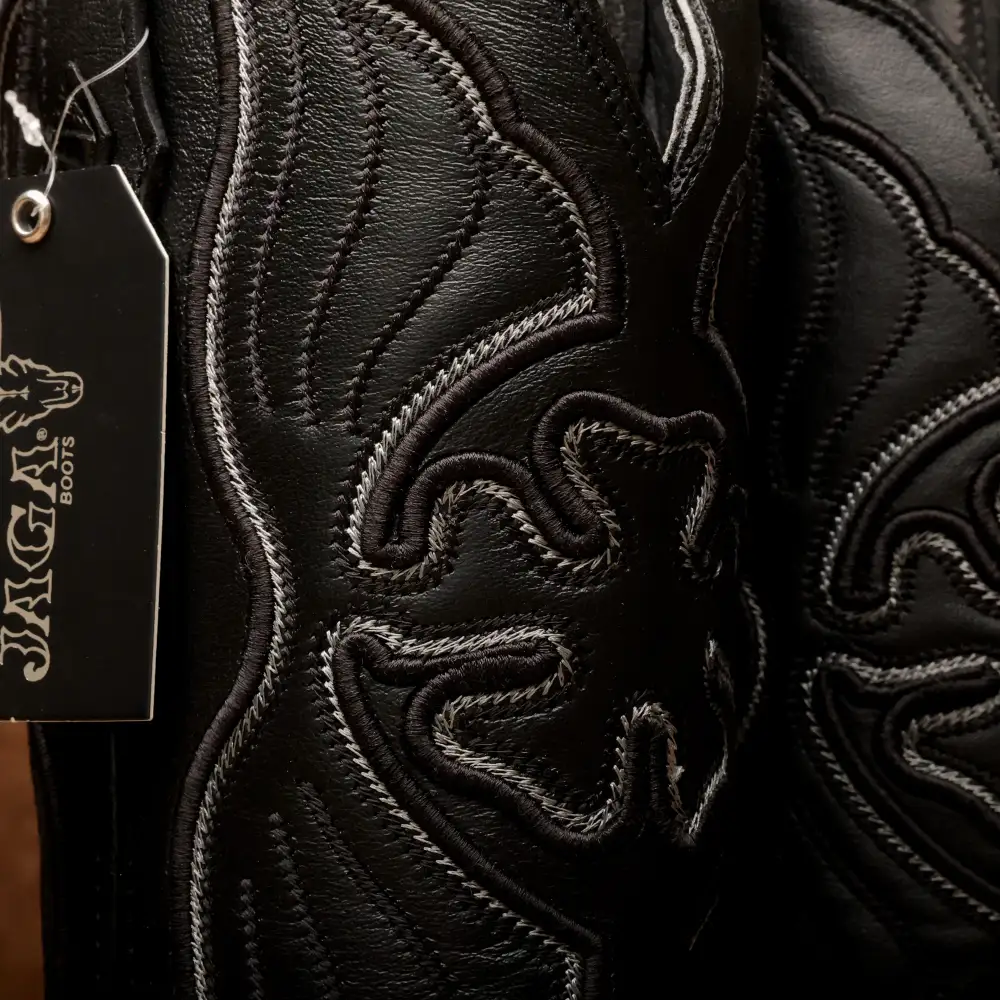 Black Caiman Neck Leather Boots - Square Toe