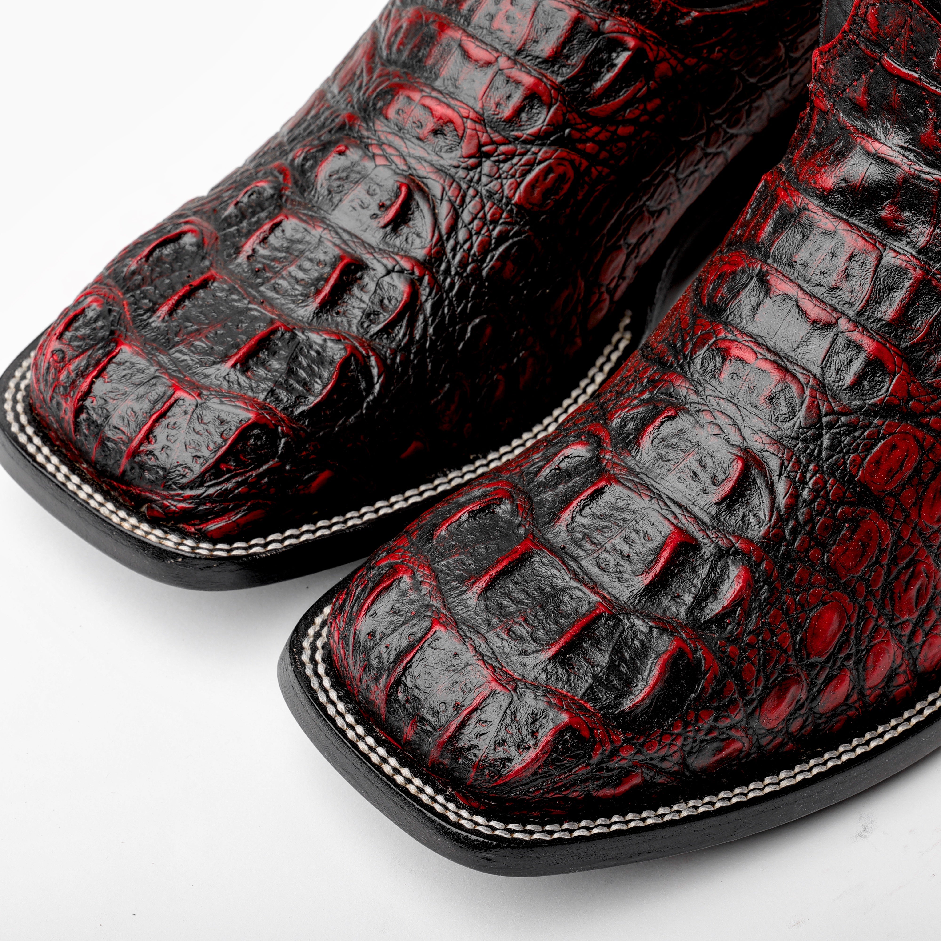 Black Cherry Caiman Neck Leather Boots - Square Toe