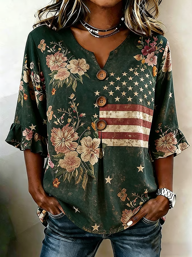 Women's USA V Collar Half Sleeve Printed Regular Micro Elastic Regular Shirt