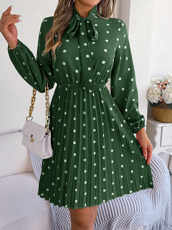 Elegant Polka-Dot Lace-Up Waist Long-Sleeved Pleated Skirt