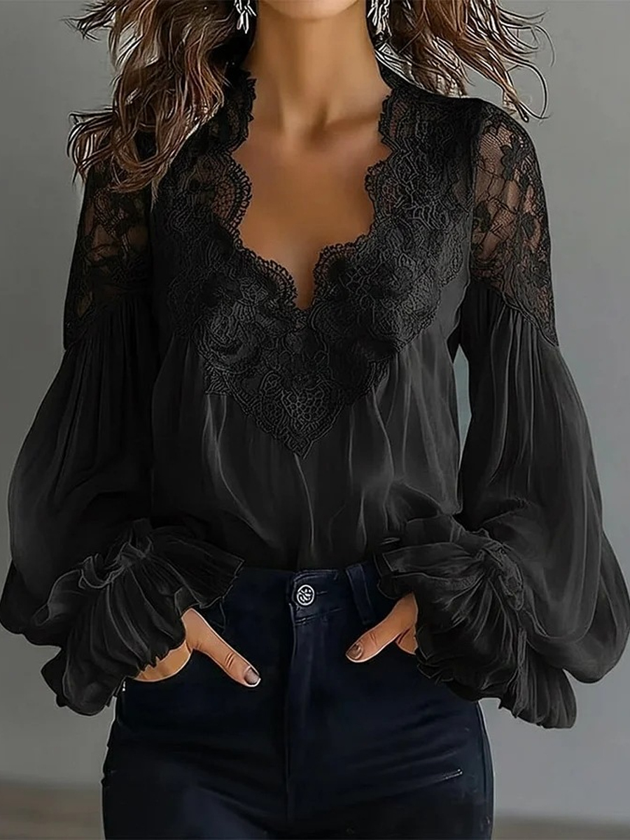Women's Lace Patchwork Puff Sleeve Shirt