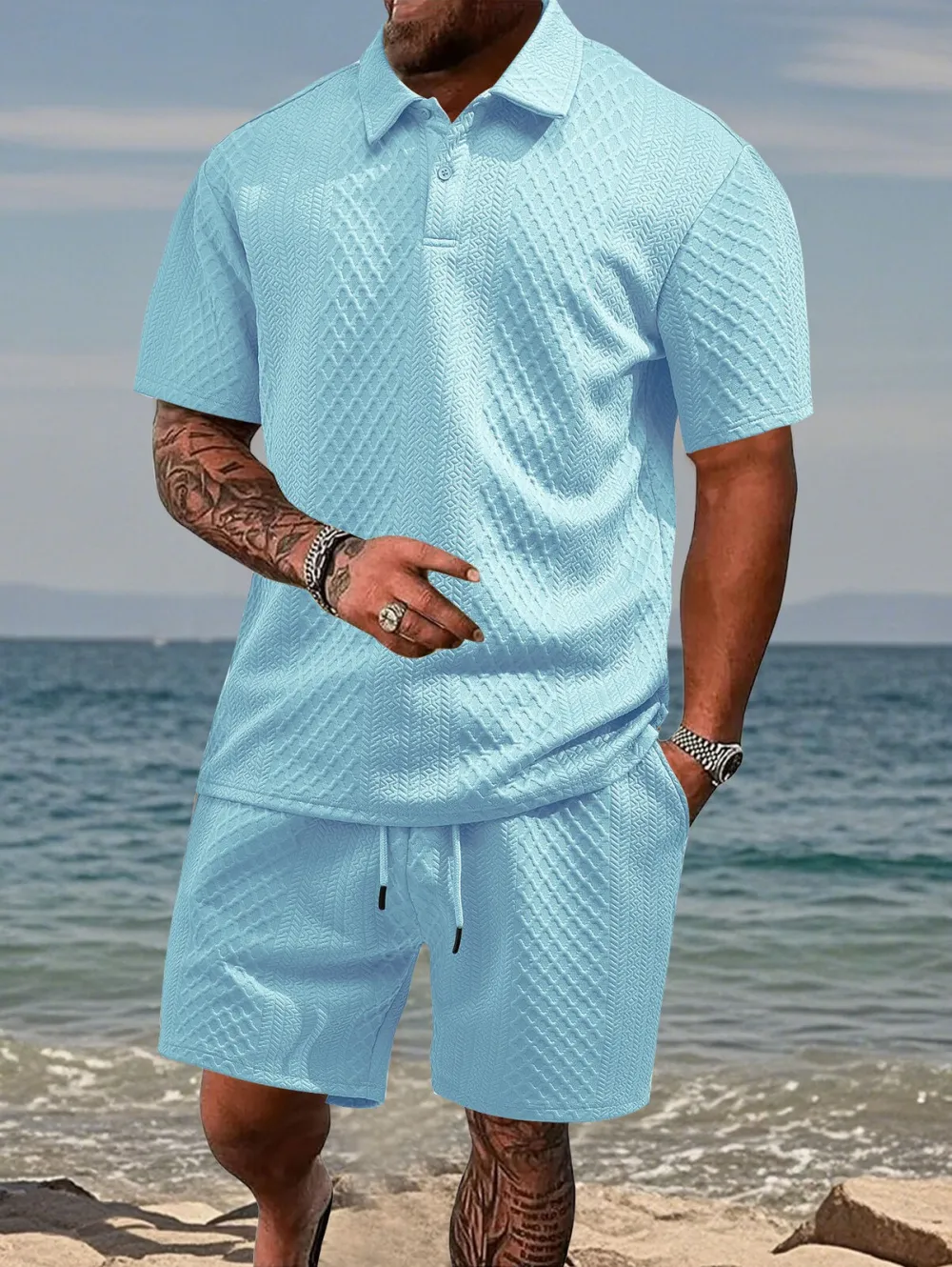 🔥Men's Solid Polo Shirt & Drawstring Waist Shorts Set, Cozy Breathable Two-piece Outfits for Daily Outdoor Wear, Men Clothes for Summer