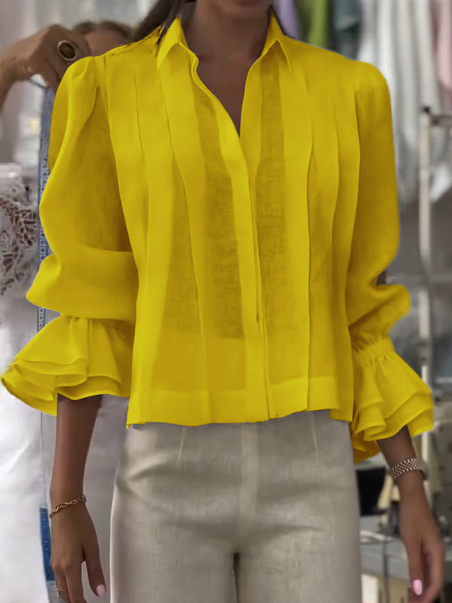 Women's Solid Color Lapel Long Sleeve Casual Loose Linen Cardigan Top