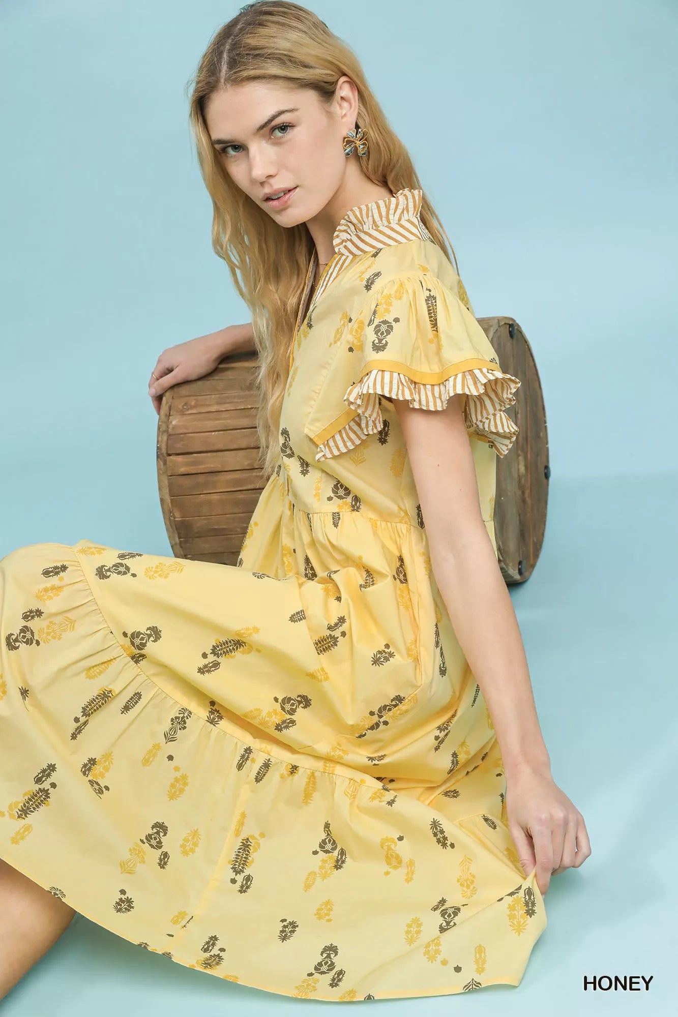 Umgee Floral Ruffle Sleeve Tiered Midi Dress