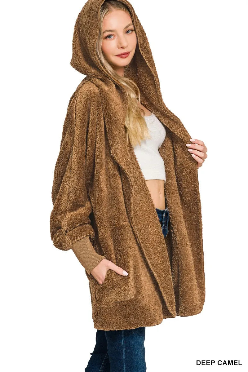 Hooded Faux Fur Jacket with Pockets