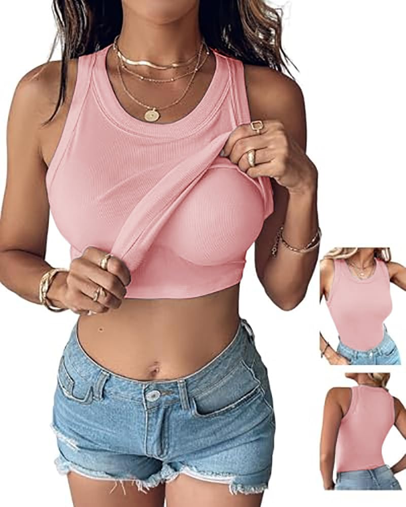 Women Everyday Basic Ribbed Built-in Bra Tank