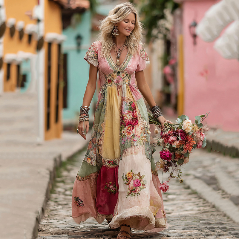 Women's Vintage Patchwork Floral Art V Neck Short Sleeve Maxi Dress