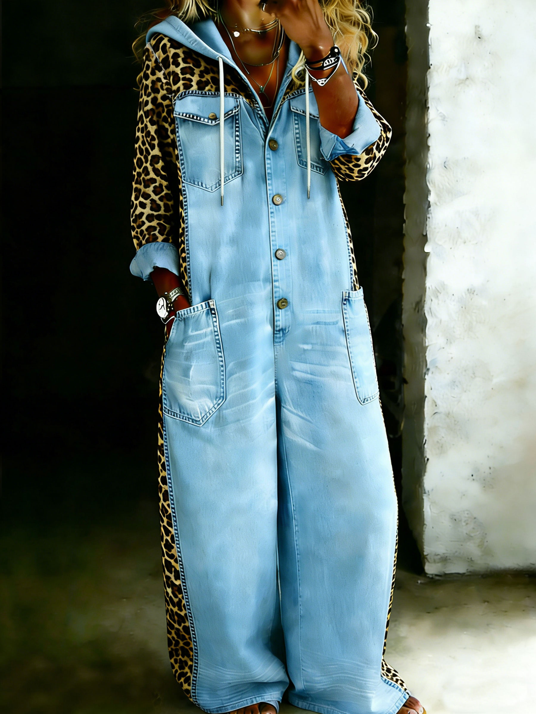 Women’s Stylish Leopard Denim One Piece hoodie Jumpsuit