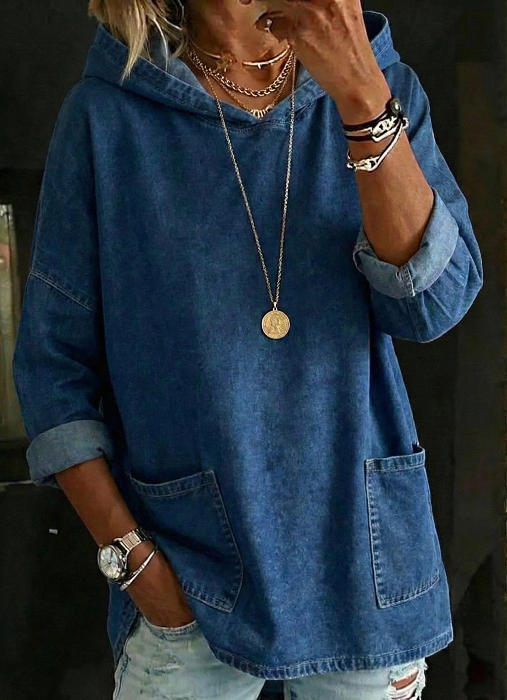 Retro Women's Casual Pocket Hooded Washed Cotton Denim T-shirt