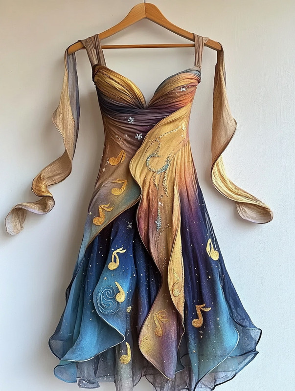 Retro Elegant Music Theme Irregular Stitching Dress ef7c