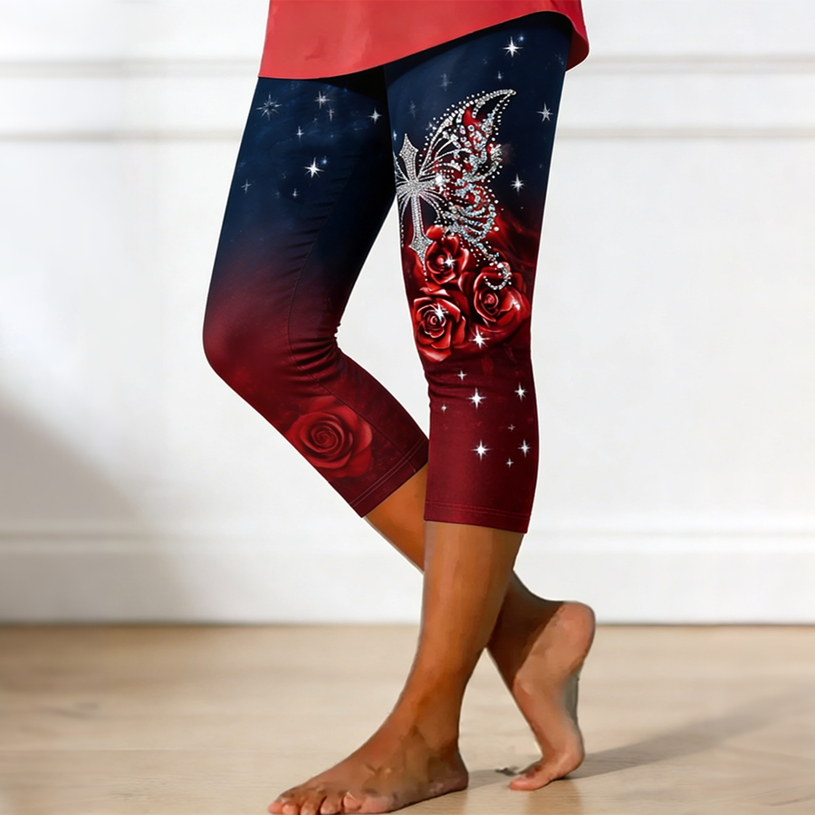 Women's Galaxy Star Butterfly Rose Gradient Capri Leggings