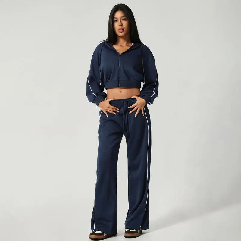 Women’s Hooded Tracksuit Set (Cropped Hoodie + Wide Leg Pants)