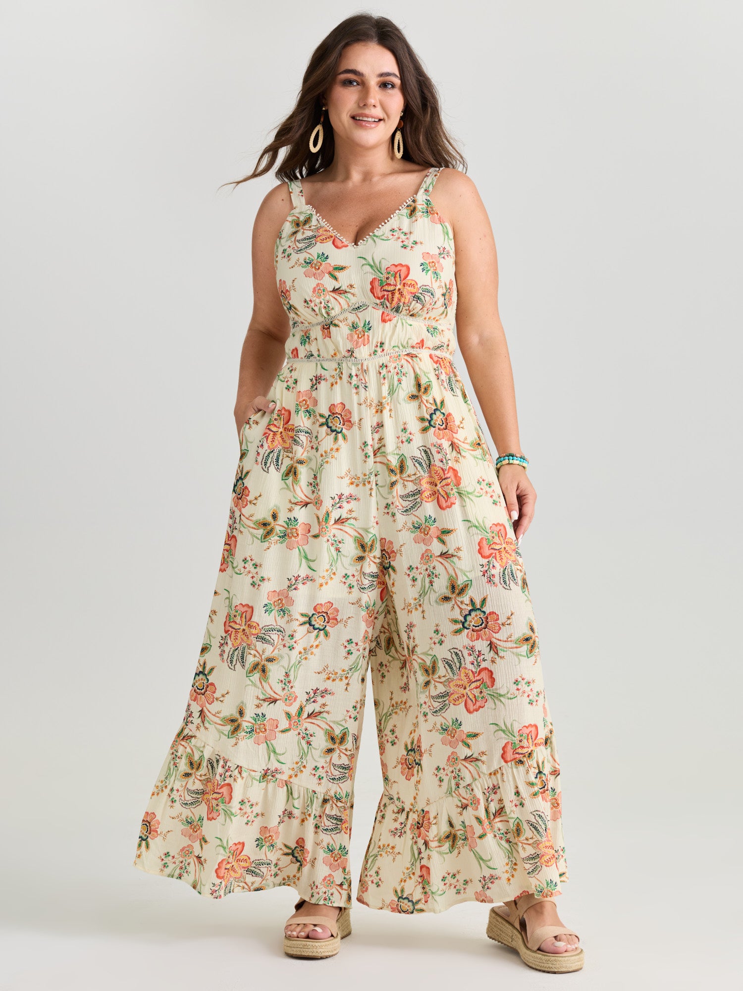 Floral Lace Trim Cinched-Waist Jumpsuit
