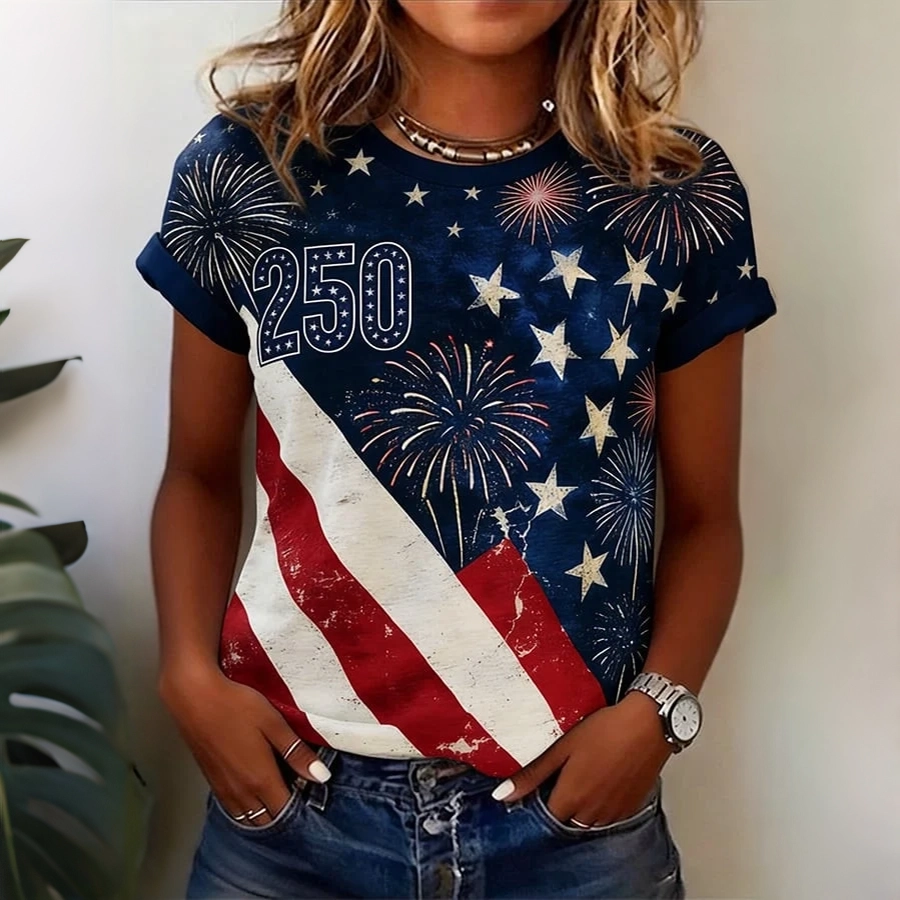 American Women'S Casual American Flag Printed Round Neck T-Shirt