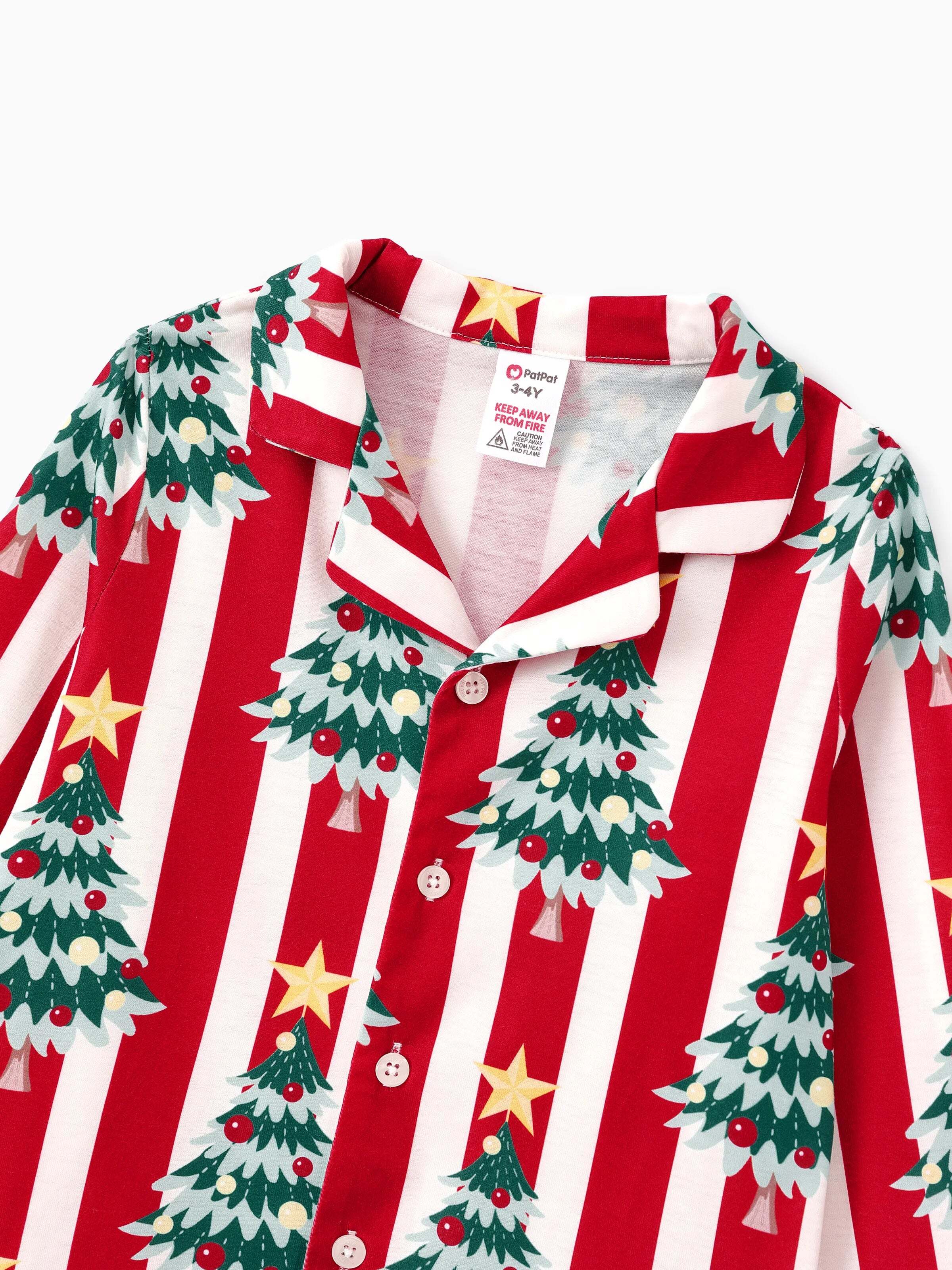 Christmas Family Matching Trees Print Stripes Long-sleeve Pajamas Sets with Christmas Socks Red