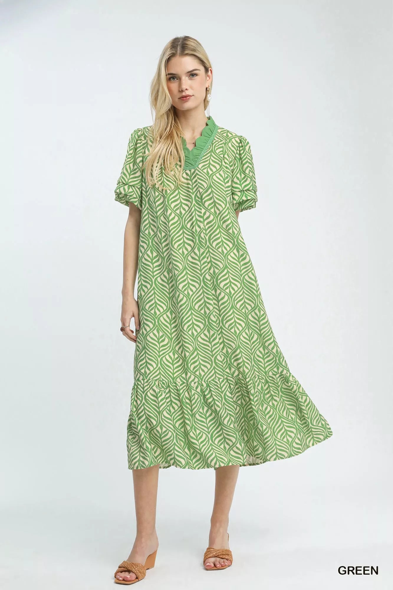 Umgee Leaf Print Ruffle Neck Midi Dress