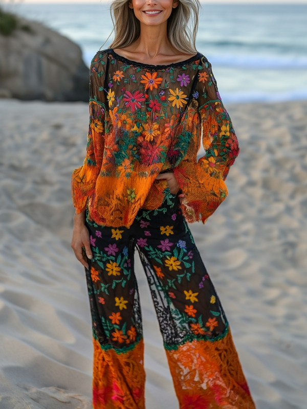 Vacation seaside elegant embroidery top + pant two piece set 8f70
