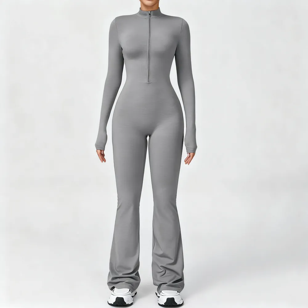 Women's Long Sleeve Flared Sports Jumpsuit - Zipper Jumpsuit