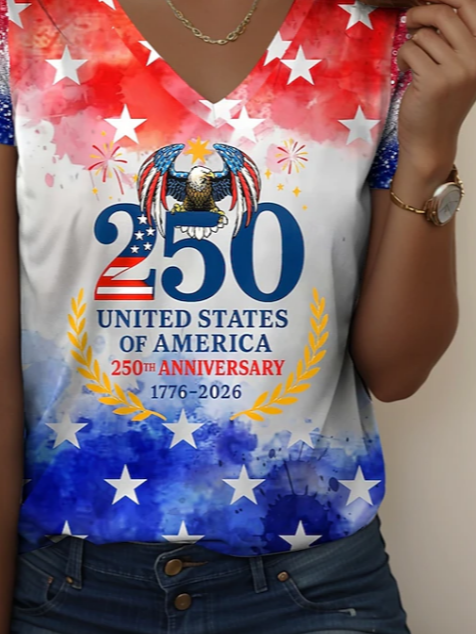 Women's Short Sleeve T-shirt Summer As Picture Text Letters Printing V Neck Holiday Going Out Vintage Top