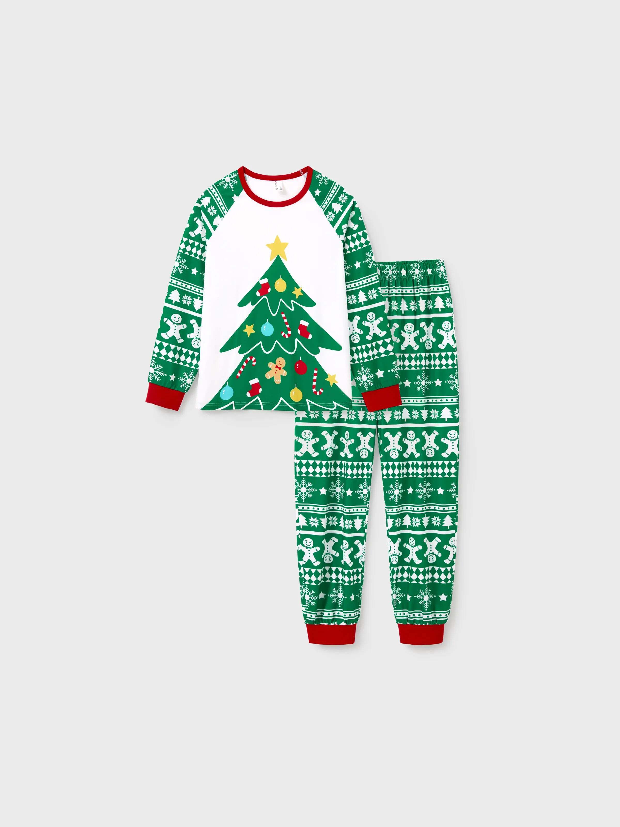 Christmas Matching Family Pajamas Set Gingerbread and Christmas Tree Print Green PJS with Christmas Socks Green
