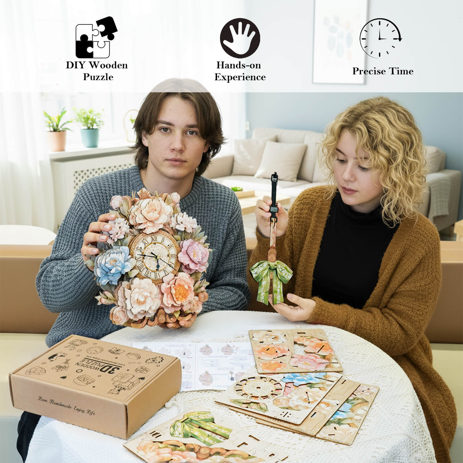 Bouquetâ€“ DIY Wooden Clock, 3D Puzzle Craft Kit