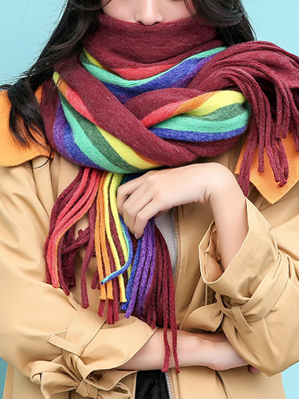Contrast Color Keep Warm Multi-Colored Tasseled Scarf