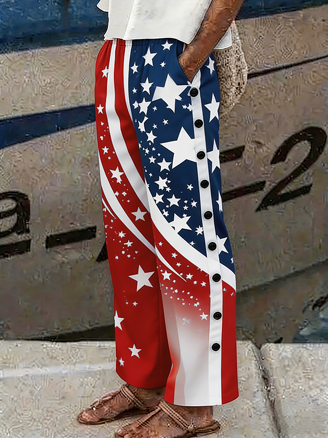 Women's Patriotic American Flag Star Printed Button with Pocket Pants