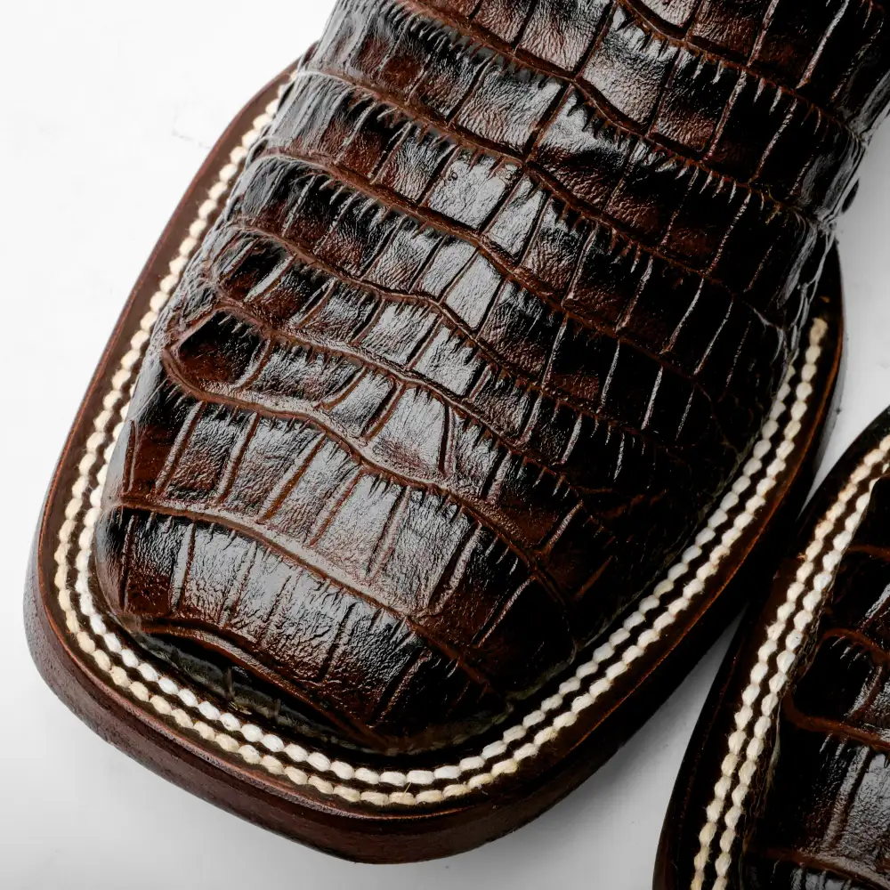 Brown Caiman Belly Leather Boots - Square Toe