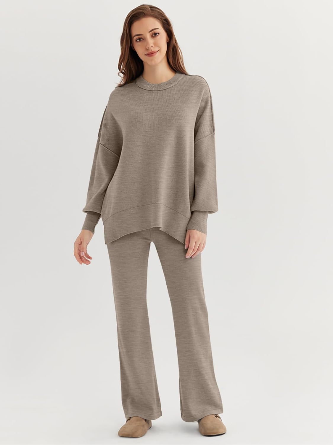 🎄Christmas Clearance 🔥Women 2 Piece Outfits Sweatsuit Sweater Sets Oversized Knit Pullover Tops Wide Leg Pants Lounge Set