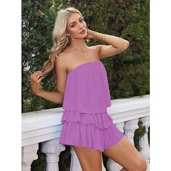 Women Off The Shoulder Romper Flowy Strapless Smocked Jumpsuit Playsuits Dress