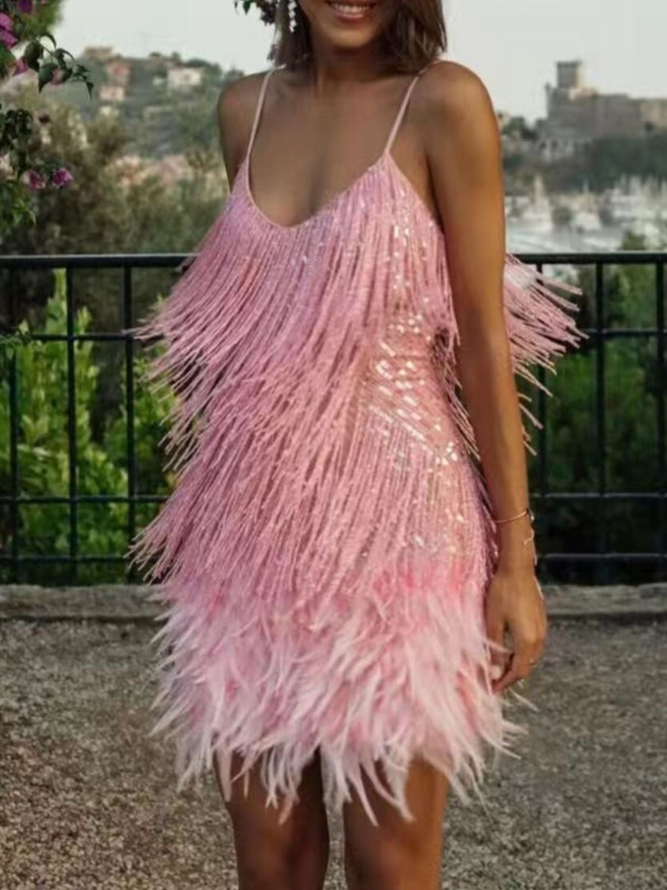 Sequin Fringe V-Neck Plus Size Mini Dress