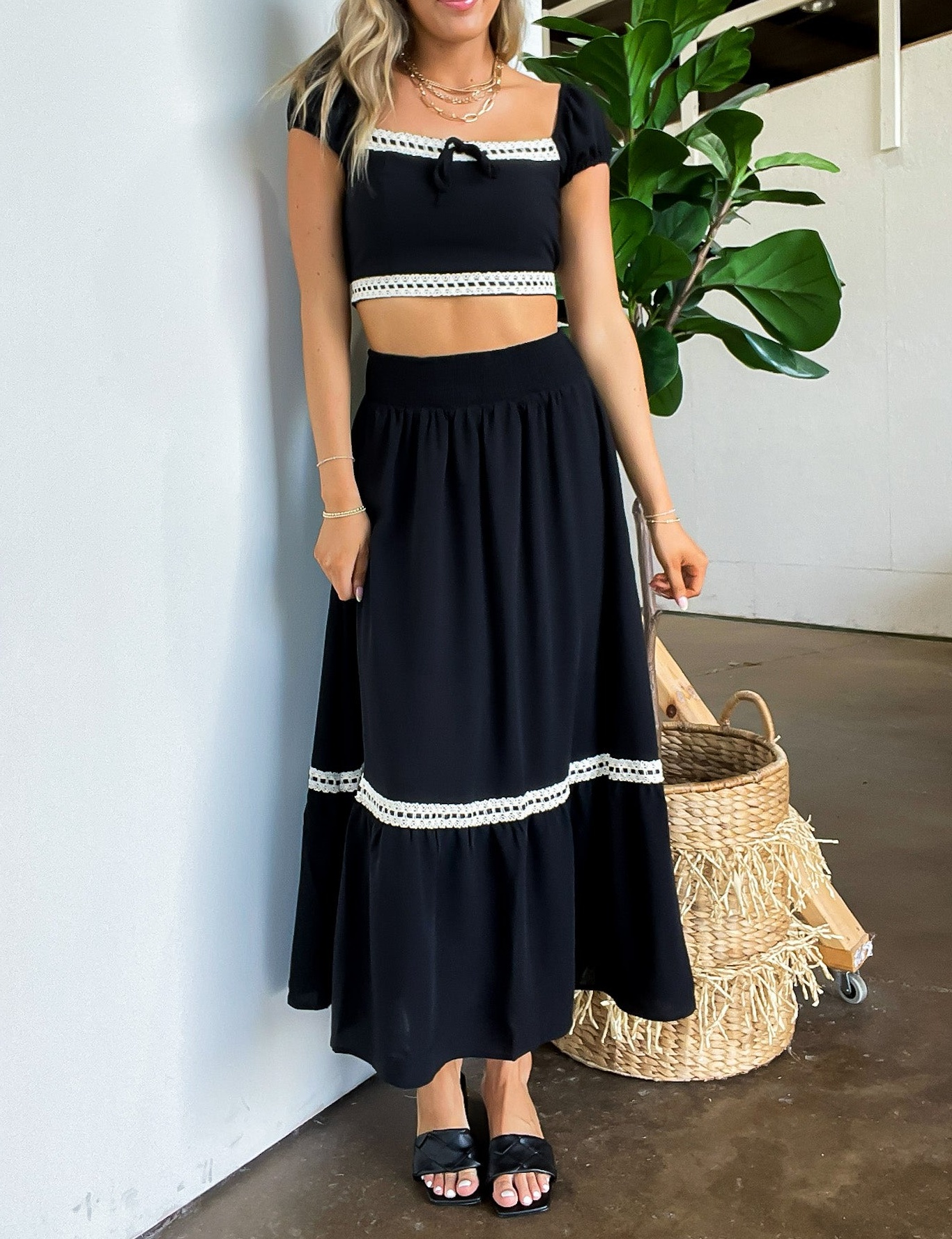 Midnight Lace Contrast Trim Smocked Waist Midi Skirt and Top Set