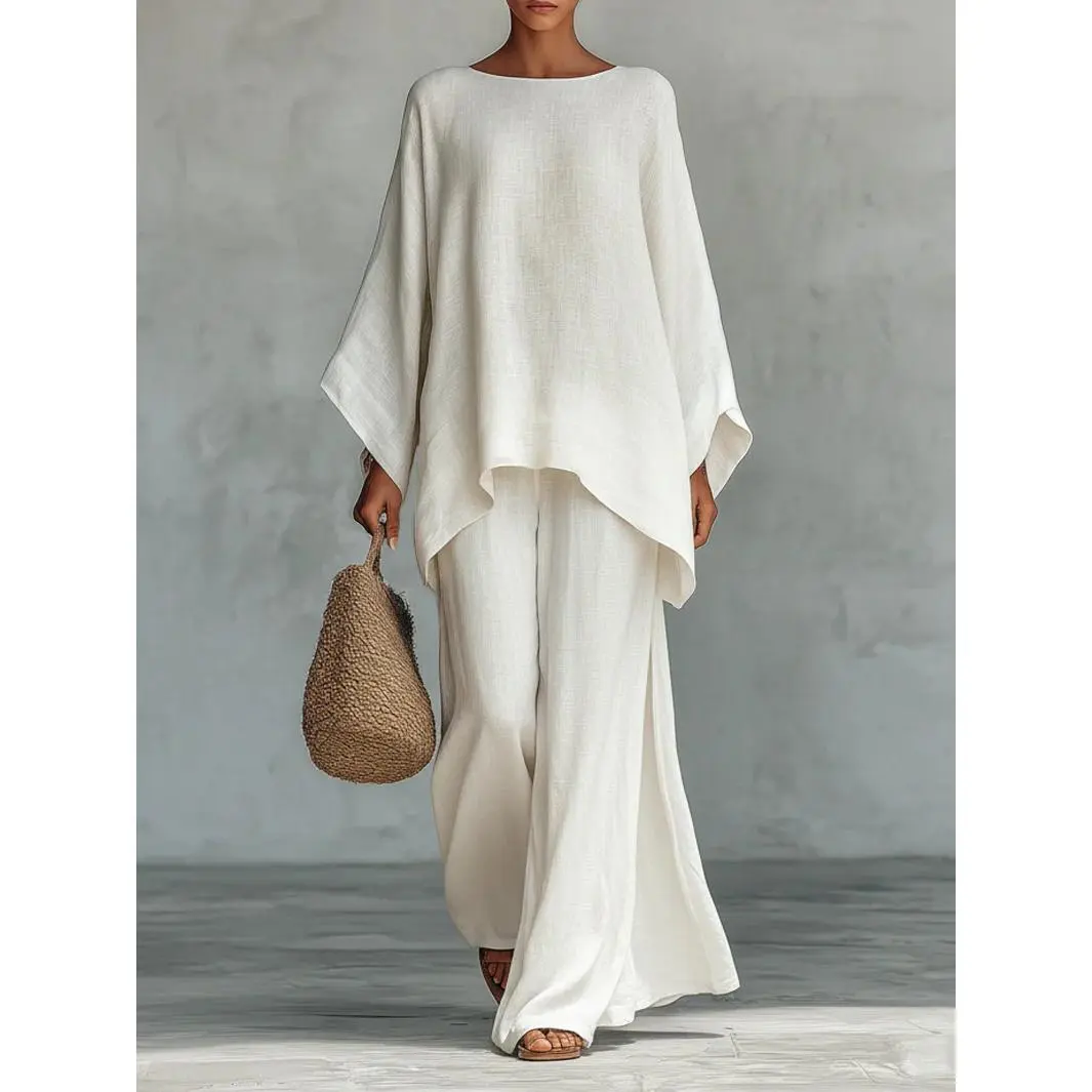 Two Piece Set - Perfect for Beach, Vacation & Brunch! Oversized Batwing Sleeve Top Wide Leg Pants Set TwoPieceSet