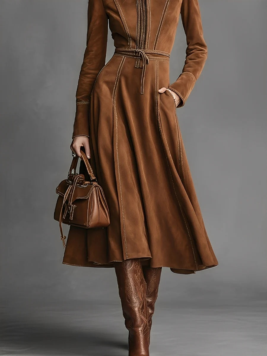 Brown Faux Suede Front Zipper Belted Elegant Maxi Dress