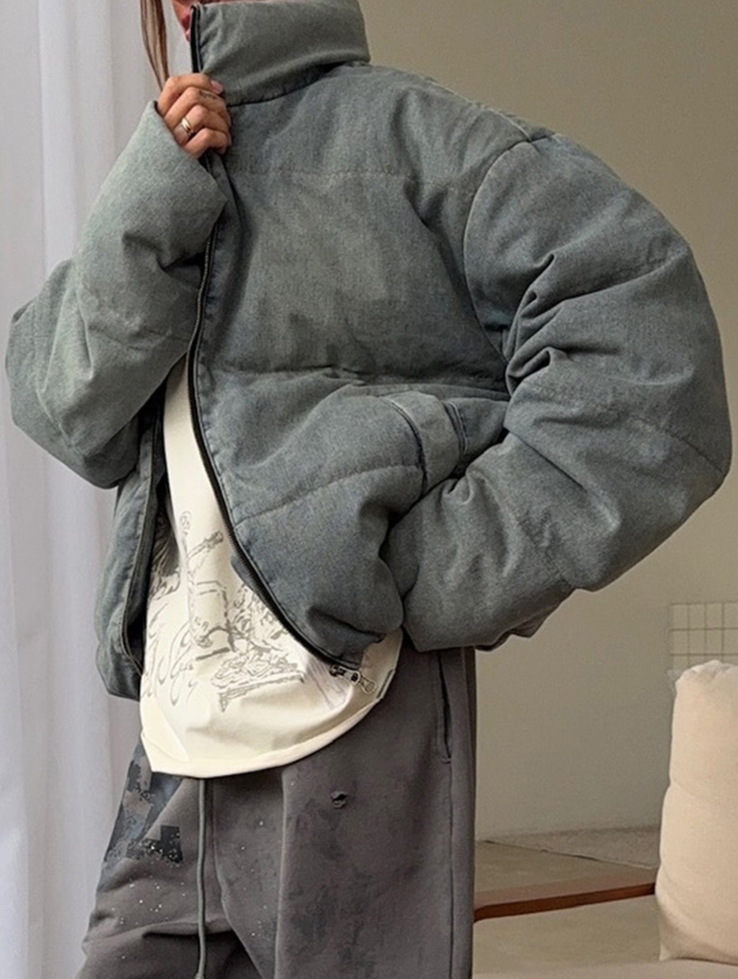 Retro-style warm stand-up collar thick cotton coat