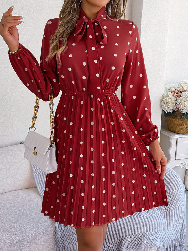 Elegant Polka-Dot Lace-Up Waist Long-Sleeved Pleated Skirt