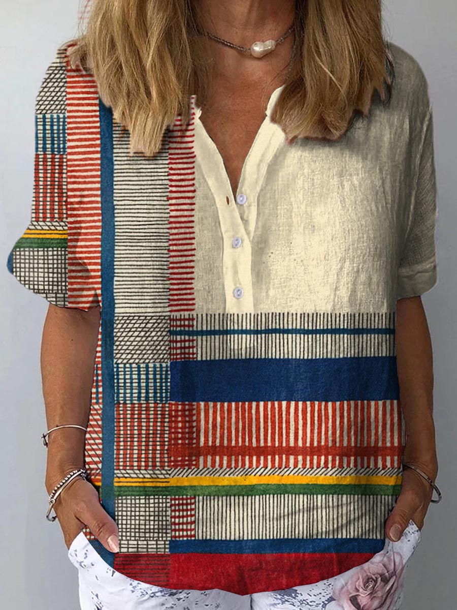 Women's Abstract Geometric Pattern Art Print Casual Cotton And Linen Shirt