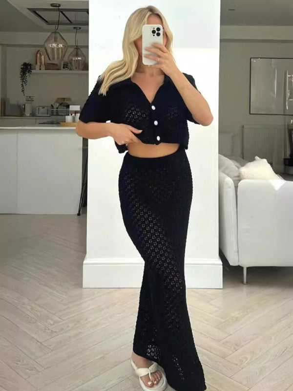 Knitted Crochet Multicolor Cardigan Button Skirt All-match Set Dress