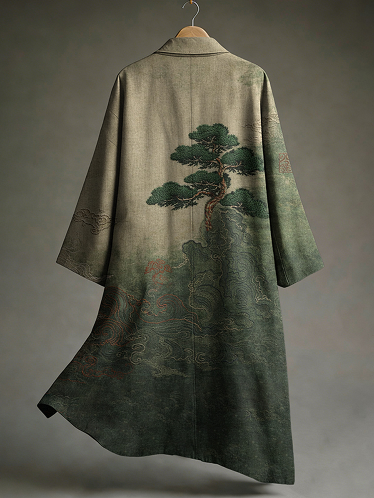 Men's Vintage Japanese Art Print  Linen Long Kimono