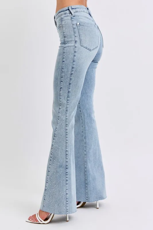 Blue Full Size Midi Rise Rhinestone Side Panel Detail Flare Jeans Plus Size