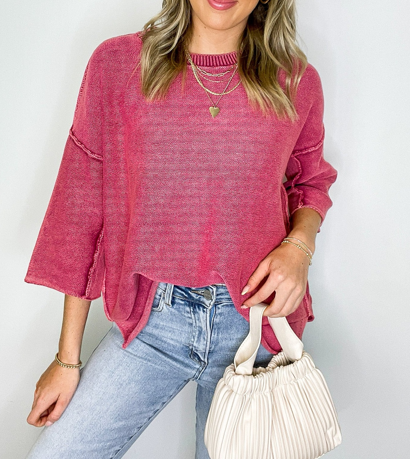 Cozy Fade Washed 3/4 Sleeve Relaxed Sweater