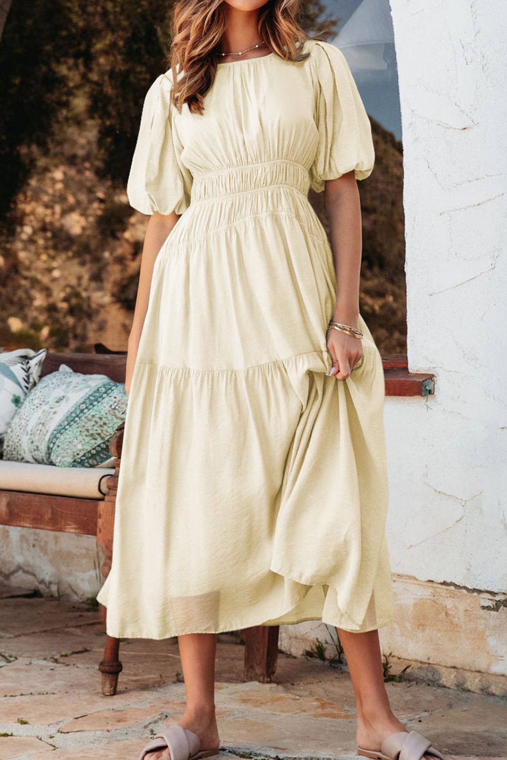 Puff Sleeve Pleated High Waist Flowy Midi Dress