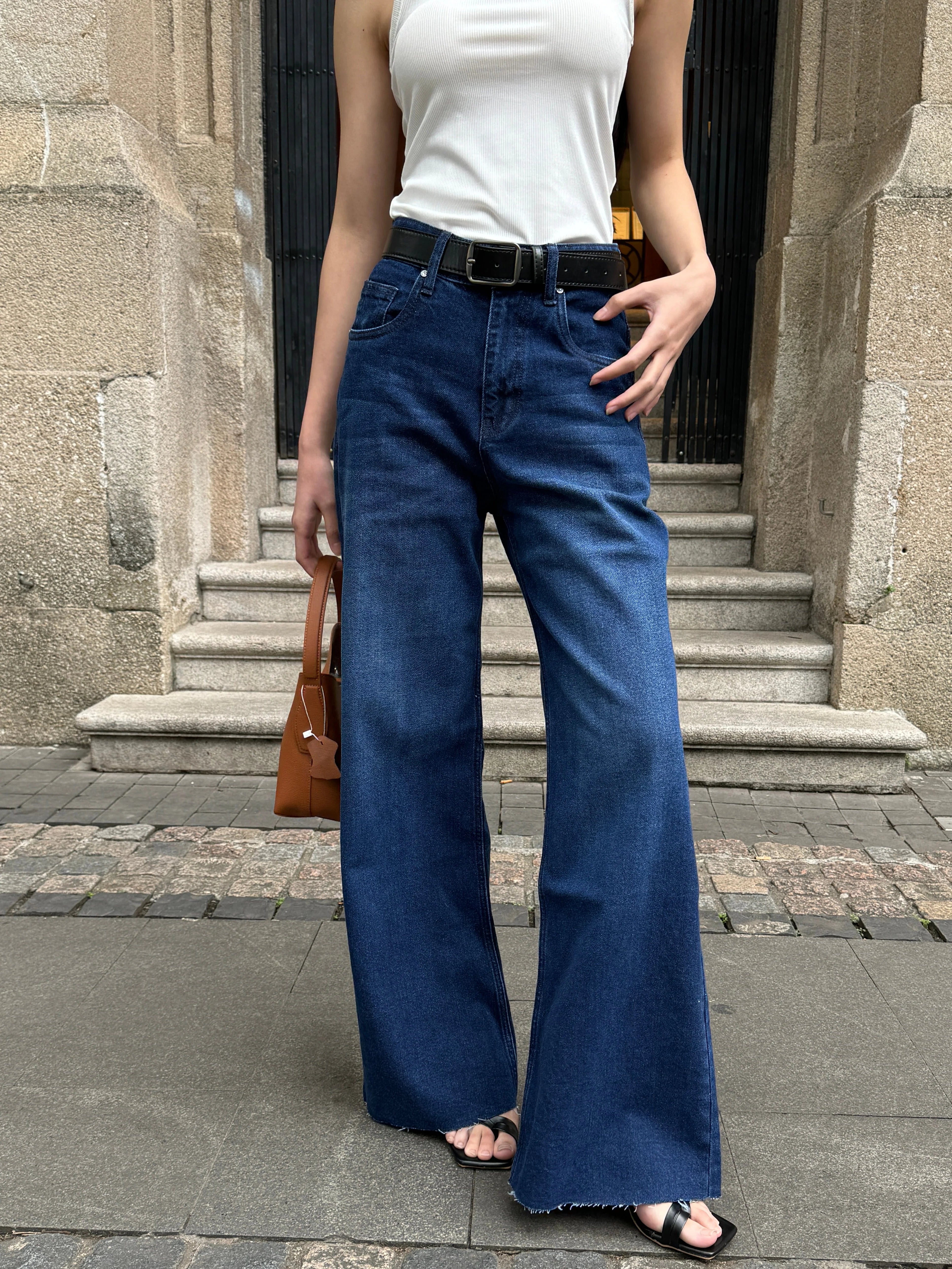 Twilight Blue Raw Hem Wide Leg Jeans